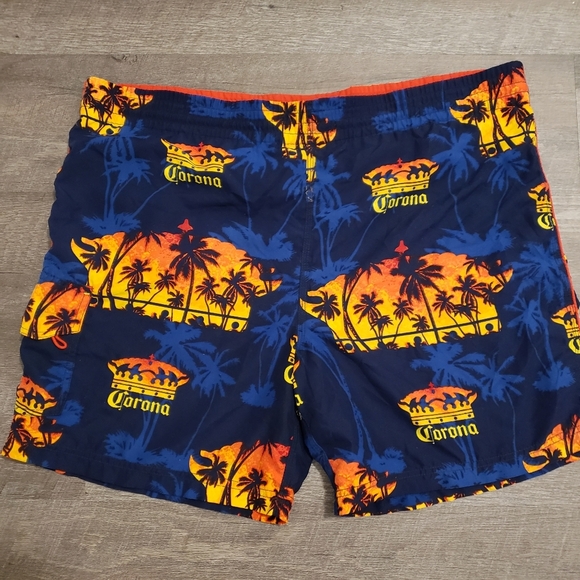 Corona Extra Swim Shorts Pocket Blue Orange Red Palm Trees Corona Crown Size L - Picture 1 of 4